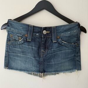 True Religion authentic blue denim cutoff mini skirt. Size 25